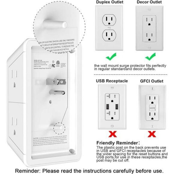 5 Outlet Extender Multi Plug Wall Outlets with 4 USB Charging Ports 1 USB C Out - Picture 7 of 8